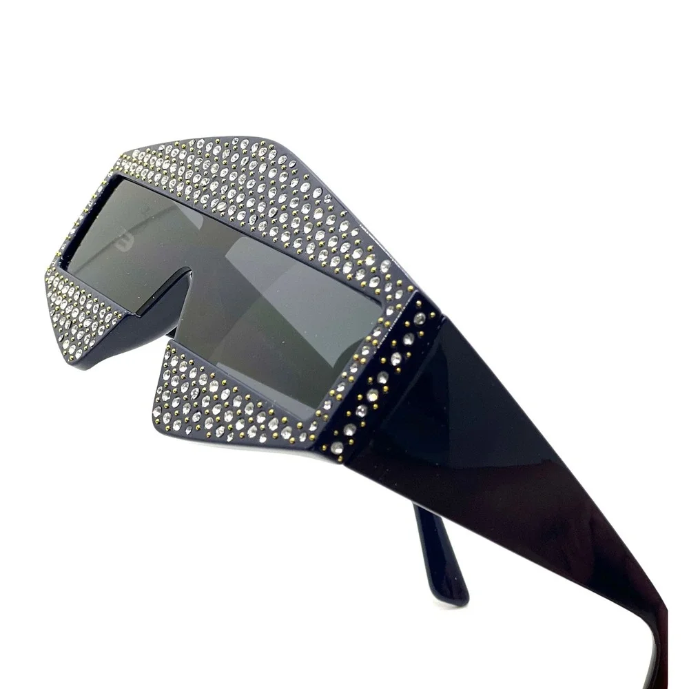 Black Rectangular Frame Women Sunglasses‎ Embellished small Crystals Rhinestones